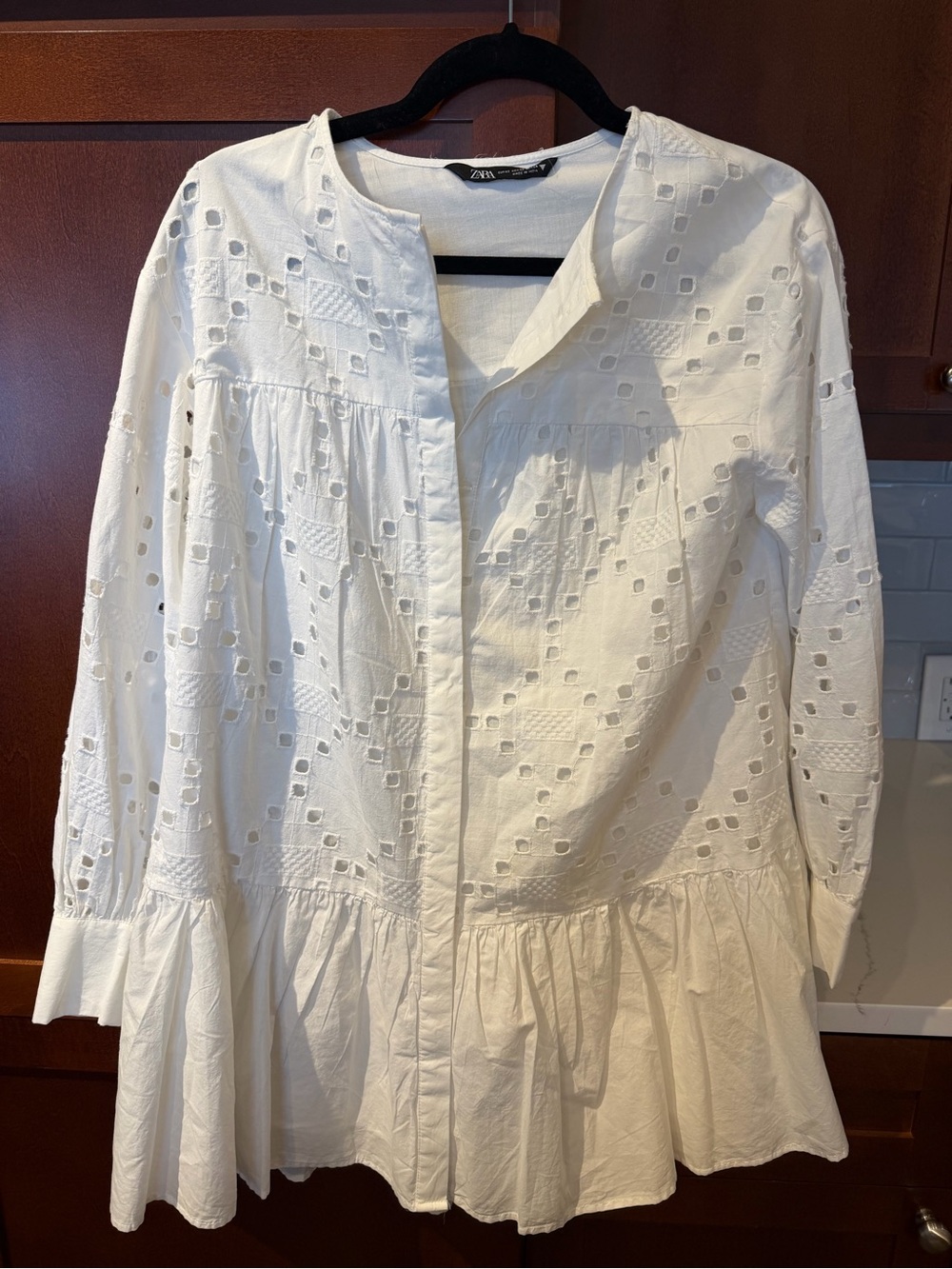 Zara White Eyelet Long Sleeve Dress